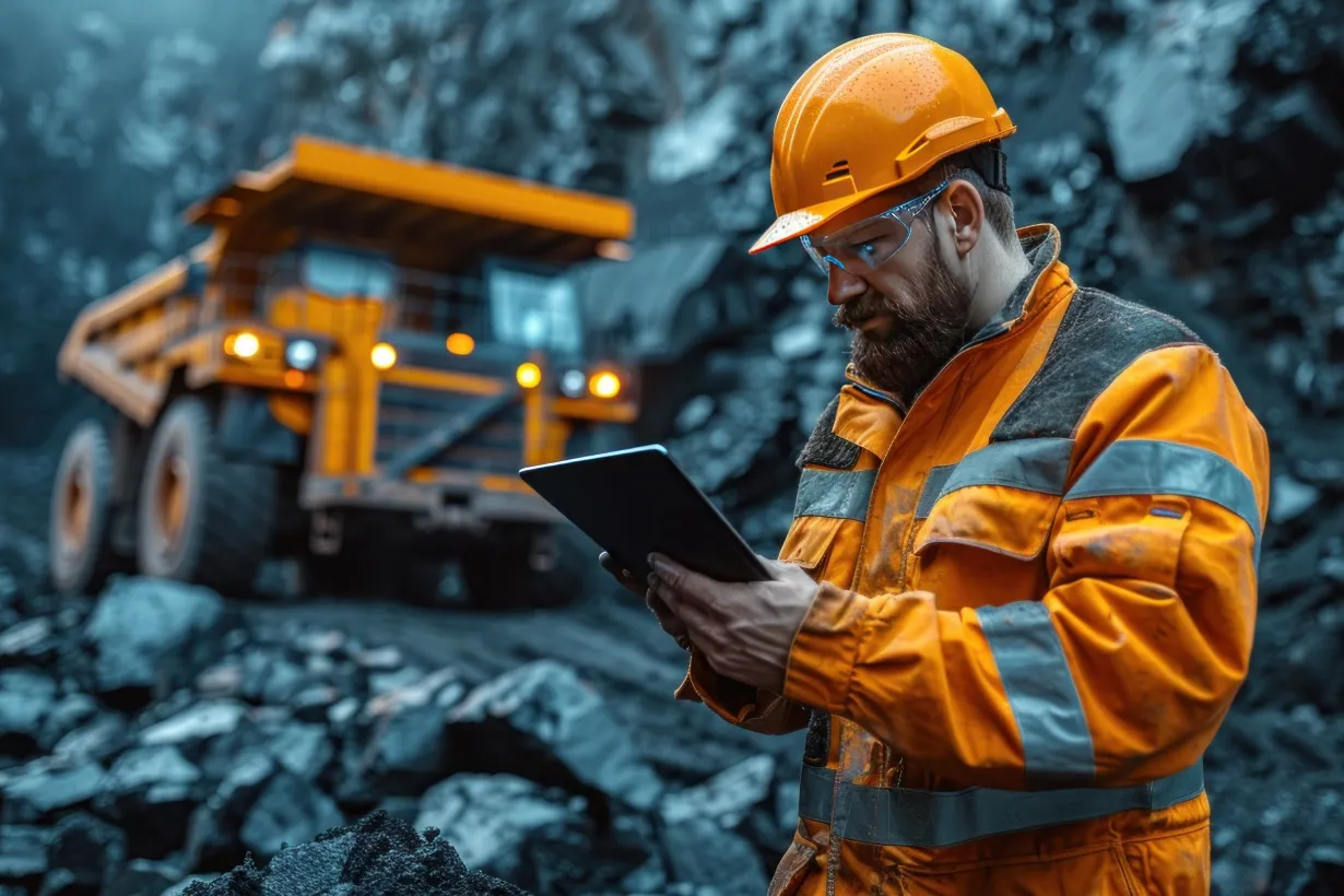 Ingenieur mit Tablet neben einem Bergbau-Muldenkipper